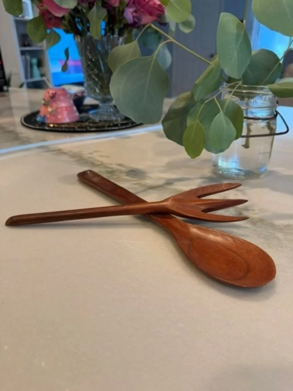 Vintage Wooden Salad Servers Set Spoon and Fork Carved Handles Brown Wood